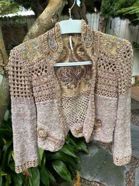 Free People Boho Cropped Cardigan Embroidered Crochet Knit Open Front Jacket XS